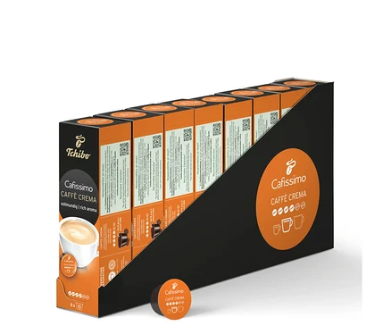 V černém držáku je seřazeno několik balení Caffè Crema vollmundig - 80 kapslí.