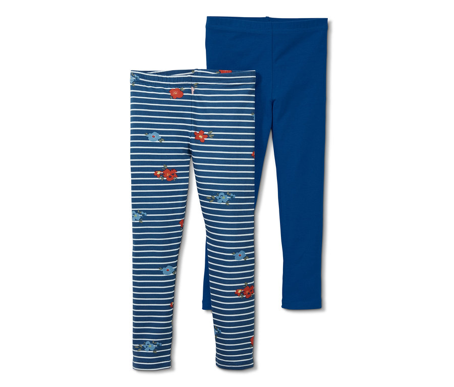 Dvoje legíny: jedny modré s bílými proužky a motivy, druhé modré.