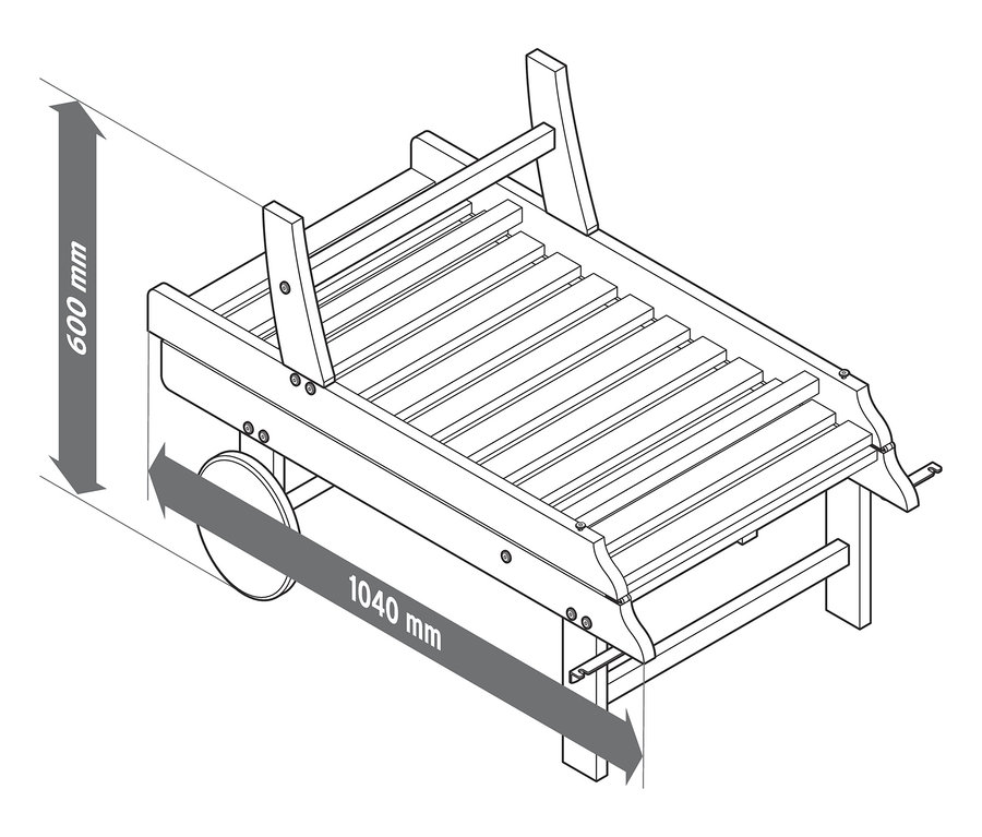 Nákres zahradního lehátka s rozměry.