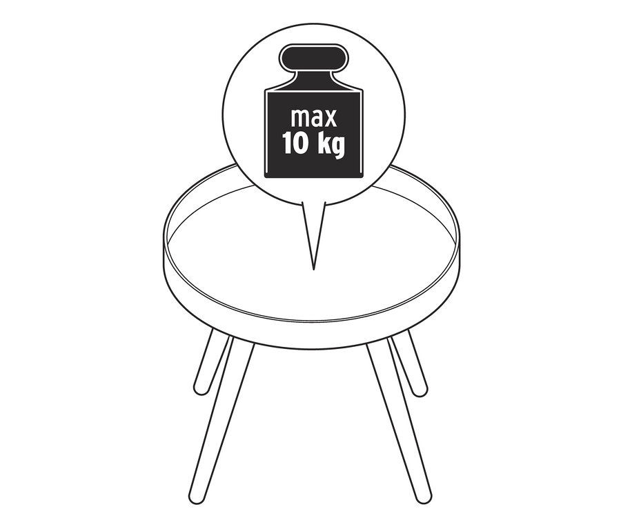 Ilustrace kulatého odkládacího stolku s maximální nosností 10 kg.