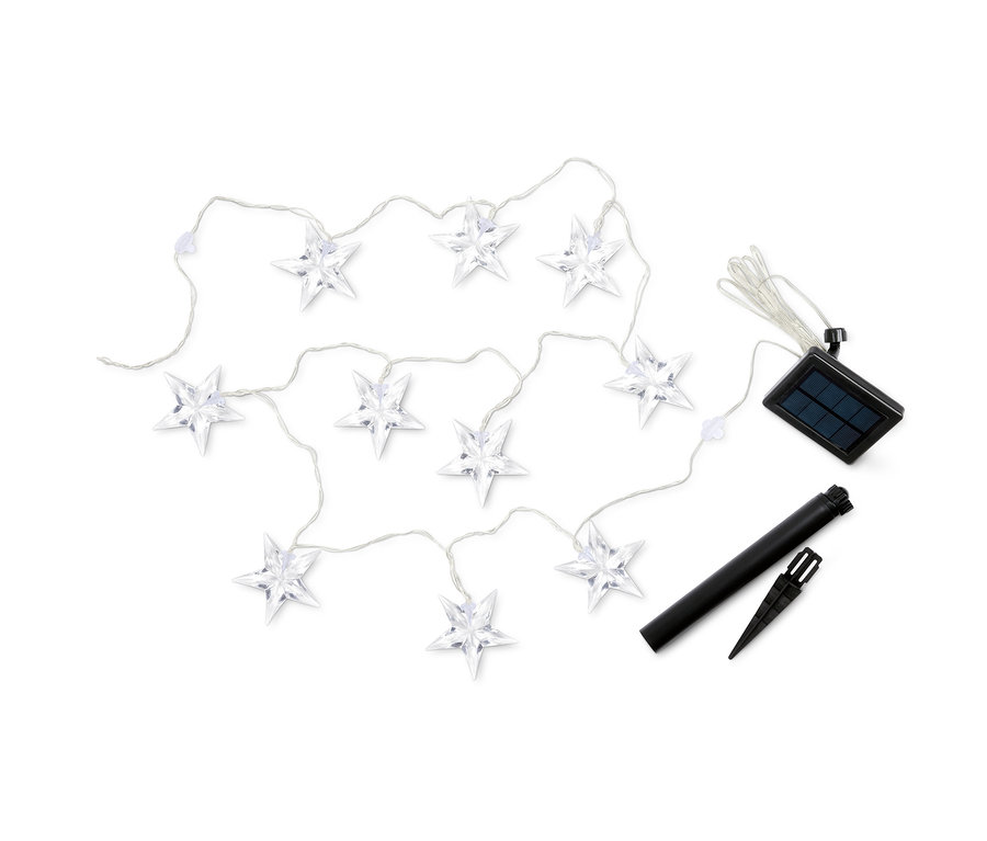 Solární světelný řetěz s deseti hvězdami a solárním panelem.