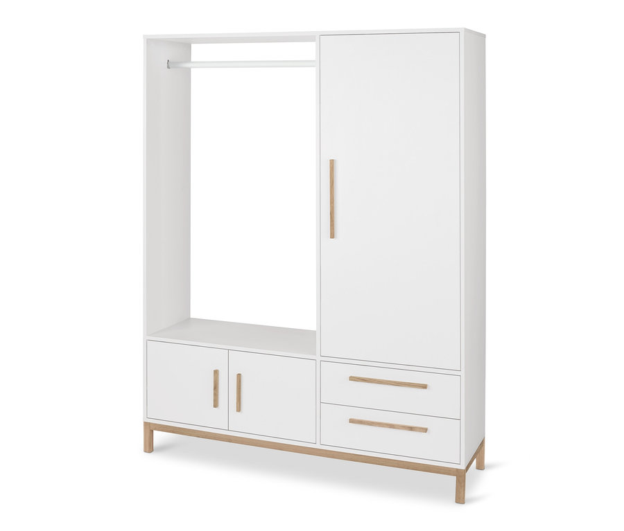 Bílá šatní skříň Eklund s policemi, zásuvkami a tyčí na zavěšení.