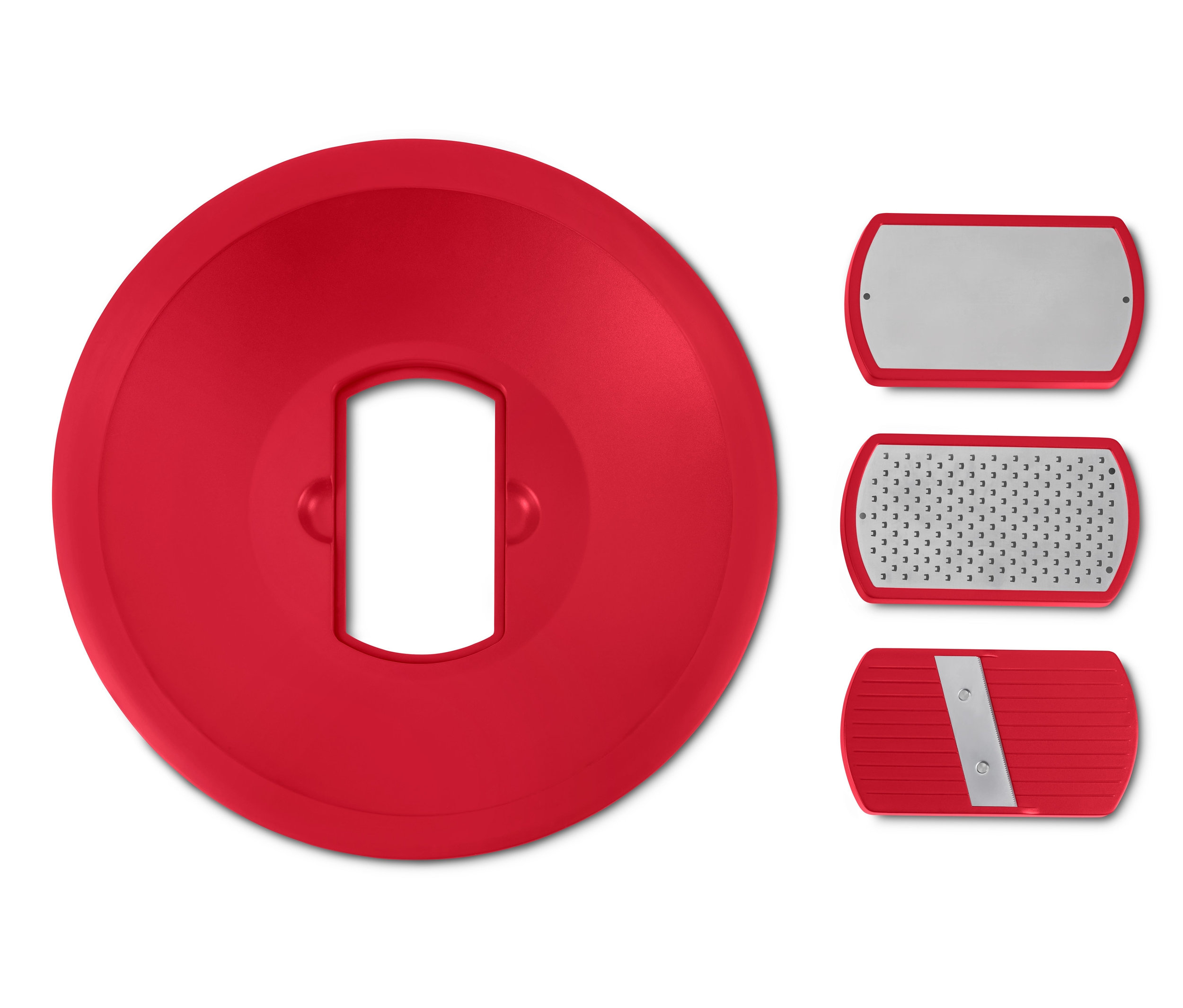 Červená univerzální poklice 3 v 1 a tři nástavce na struhadlo.