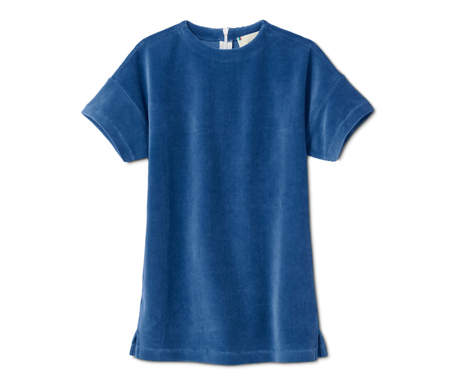 Modré strečové manšestrové šaty.