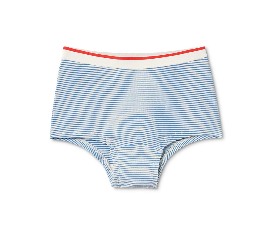 Modré dívčí kalhotky se sedmi proužky.