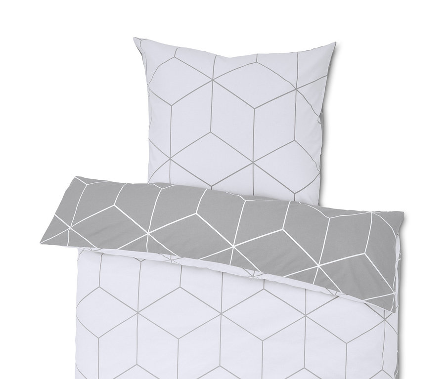 Bílé povlečení renforcé se šedým geometrickým vzorem.