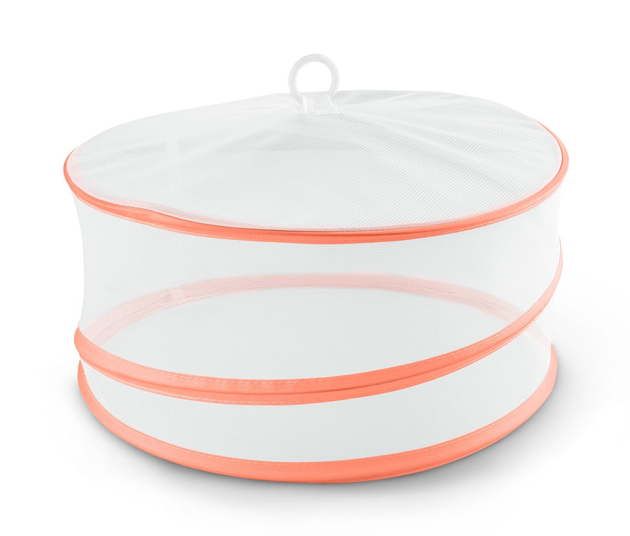 Skládací kryt na jídlo s oranžovým lemem.