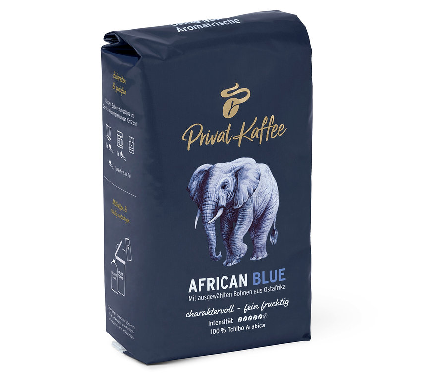 Balení zrnkové kávy Privat Kaffee African Blue s obrázkem slona.