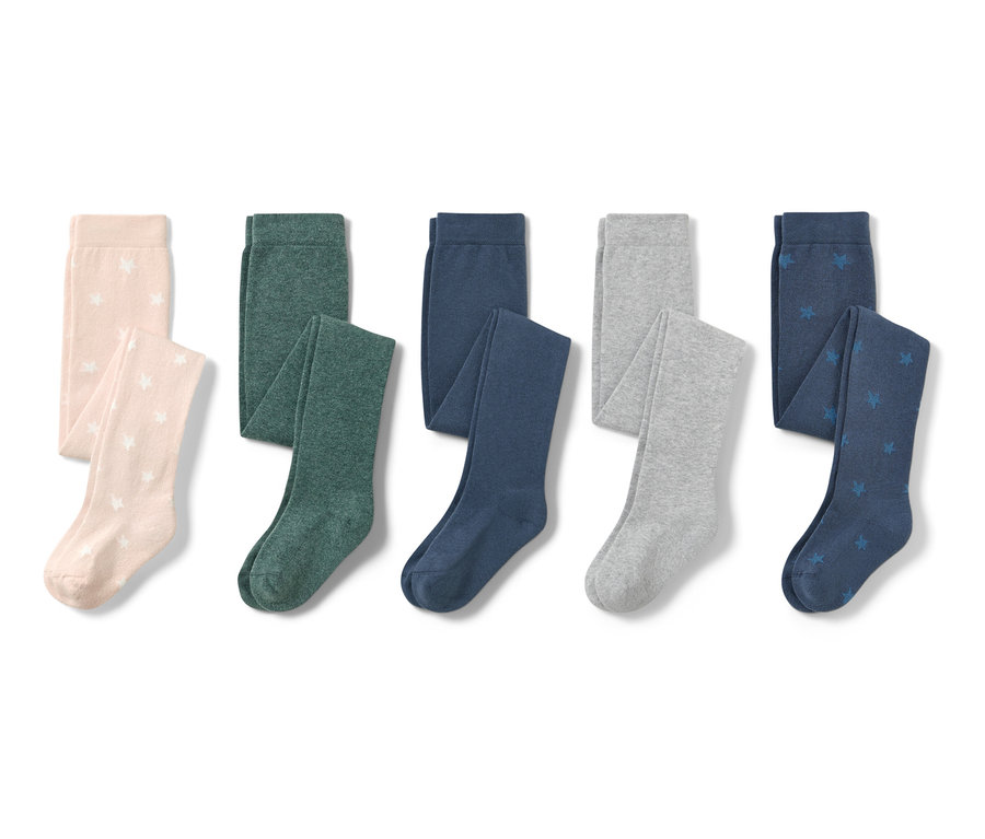 Pět párů bavlněných punčocháčů s hvězdami v barvách béžová, zelená, tmavě modrá, šedá a modrá.
