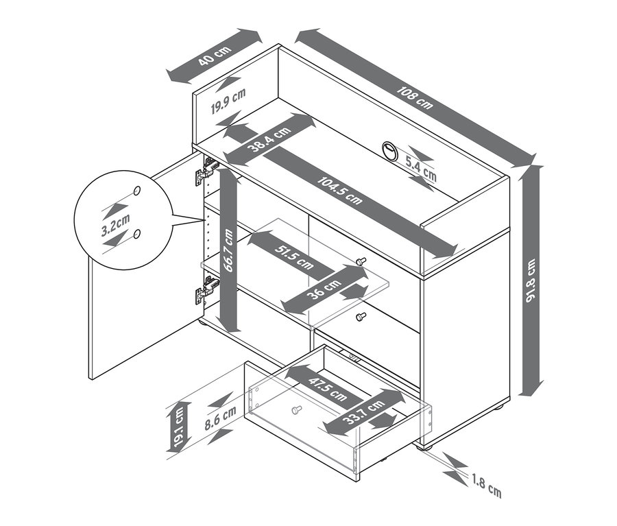Rozměry komody se zásuvkami a dvířky.
