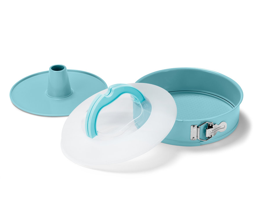 Modrá forma na dort s přepravním víkem a podnosem na dort.