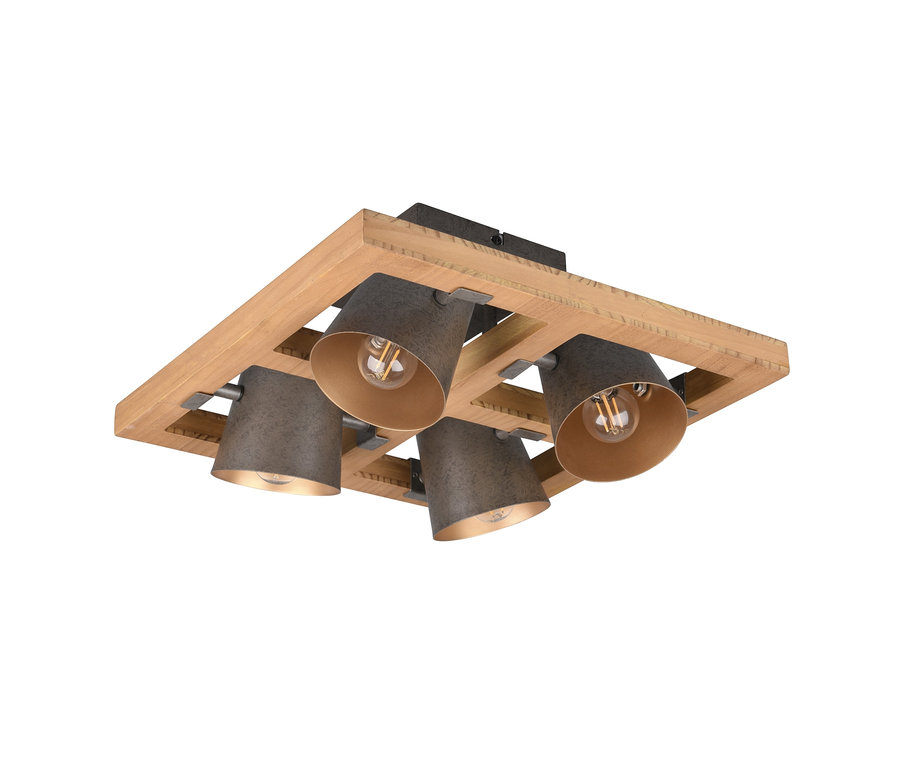 Čtyřplamenné stropní svítidlo Trio Bell s dřevěným rámem a stínidly.
