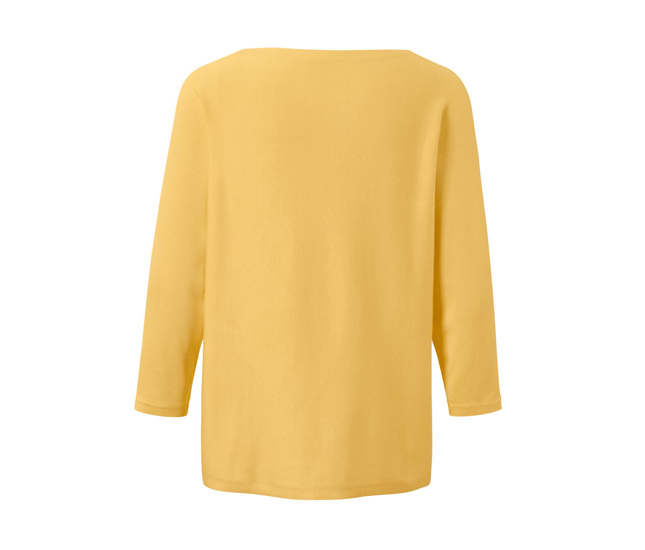 Žlutý svetr z jemného úpletu s dlouhými rukávy, pohled zezadu.