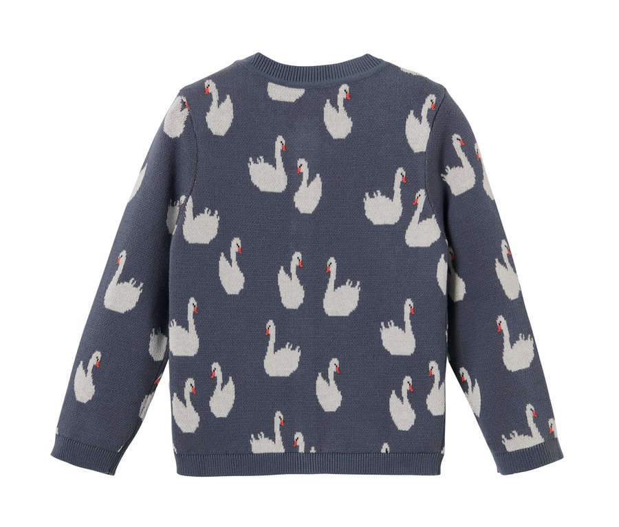 Modrý dětský pletený svetr s potiskem labutí.