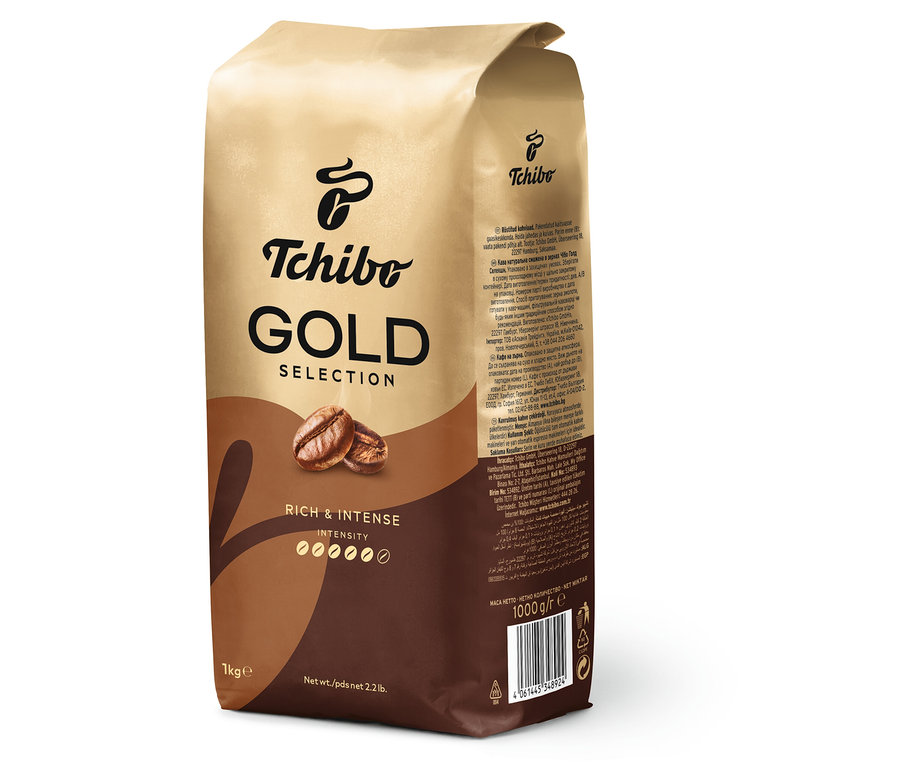 Balení 1 kg zrnkové kávy Gold Selection.