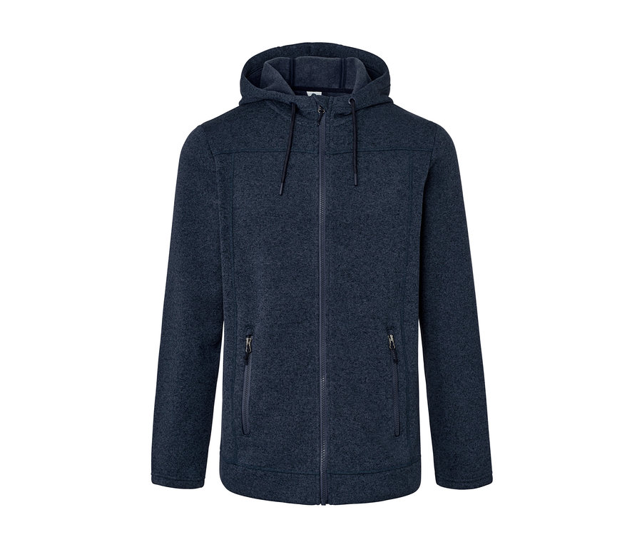 Modrá bunda z pleteného fleecu se zipem a kapucí.