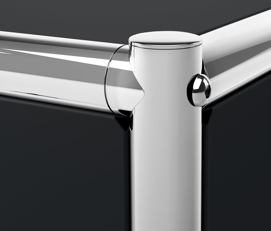 Detail rohu černého kovového regálu CN3.