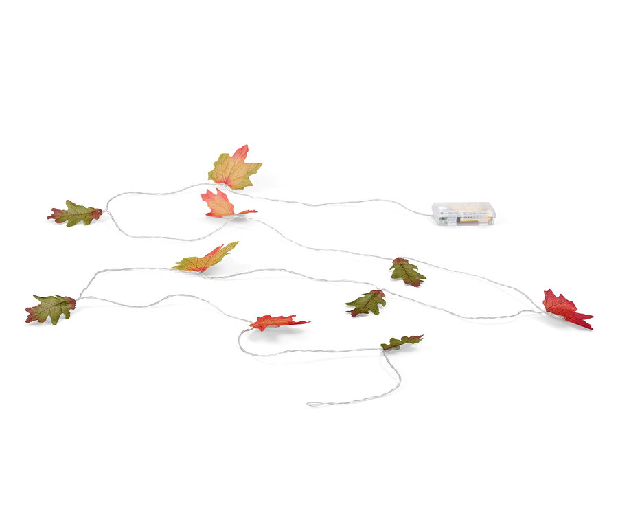 LED světelný řetěz »Lístky« s barevnými podzimními listy na bílém pozadí.