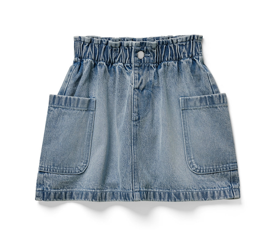 Dívčí džínová sukně paperbag se dvěma kapsami.