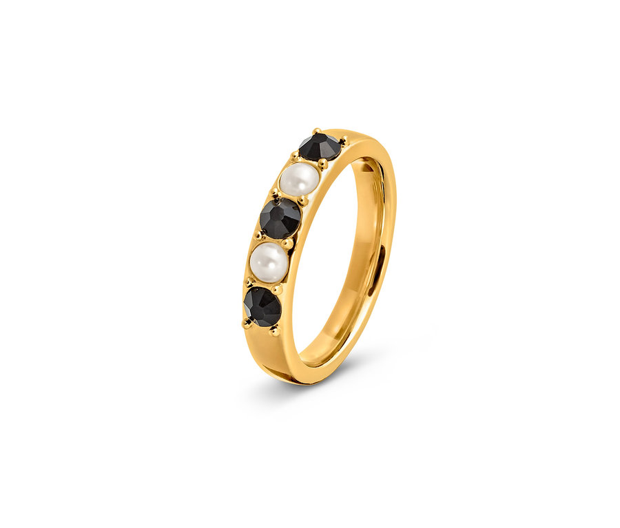 Zlatý prsten Black and White s černými a bílými kameny.
