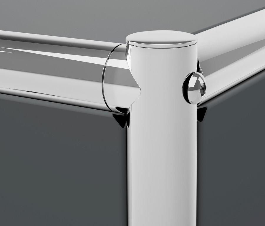 Detail rohu šedého kovového regálu CN3.