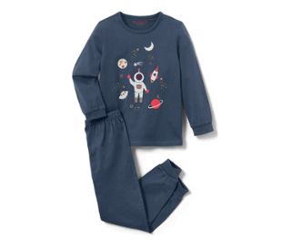 Oberteil mittelblau mit mehrfarbigem Weltraum-Print, Hose mittelblau