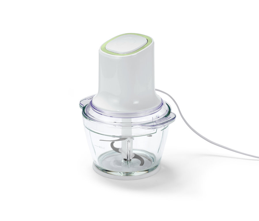 Multifunkční sekáček s průhlednou skleněnou nádobou a bílým vrškem.