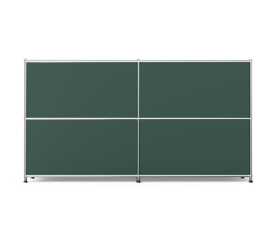 Kovová odkládací skříňka »CN3« se 2 přemístitelnými výklopnými dvířky v olivově zelené barvě.