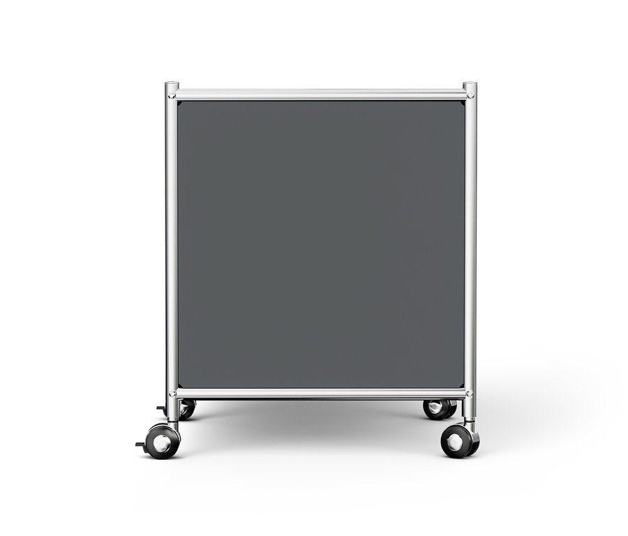 Šedý kovový odkládací stolek »CN3« s výklopnými dvířky a kolečky.