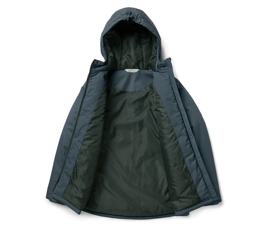 Modrá bunda s kapucí rozepnutá a ležící naplocho.