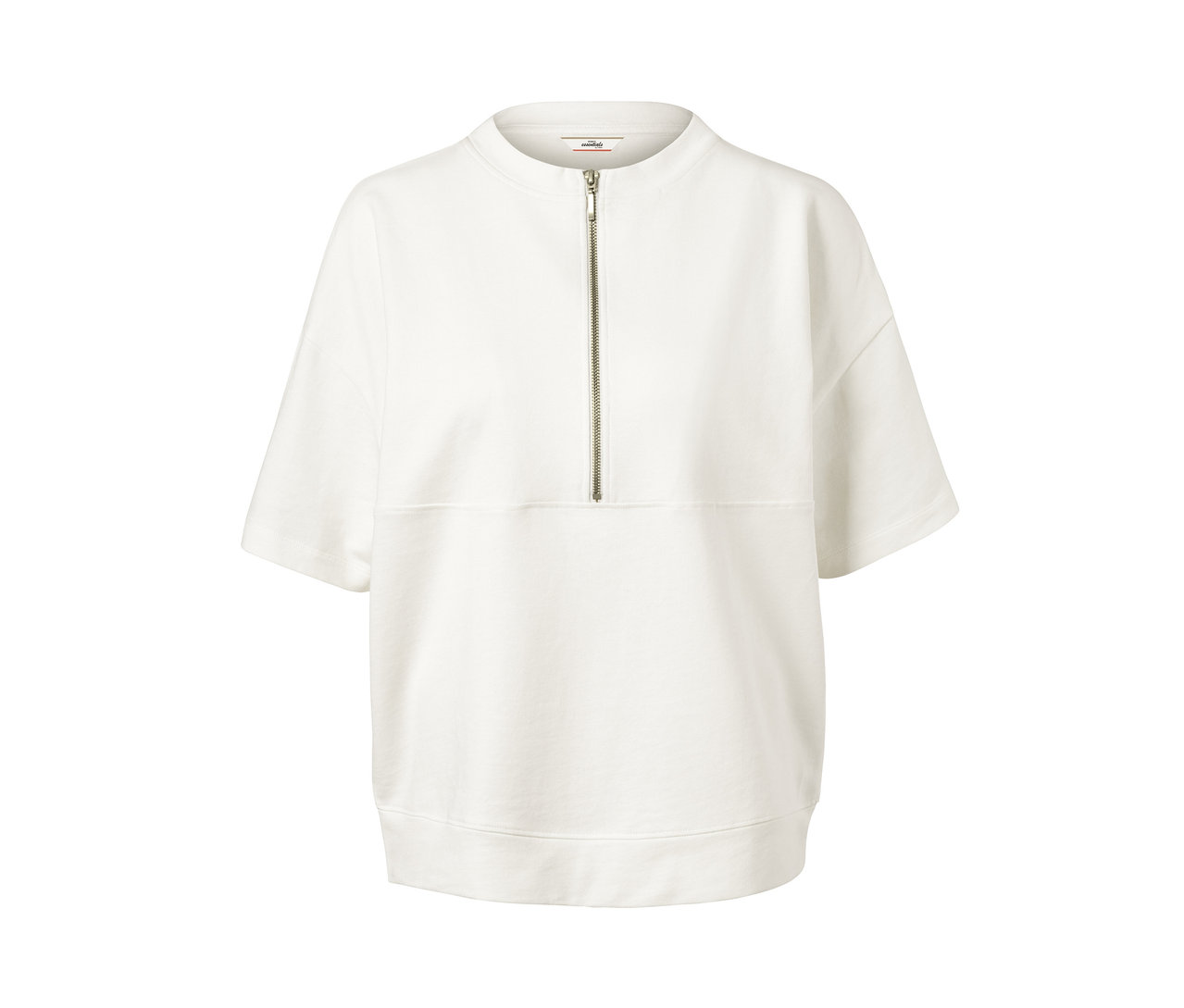 Bílá mikina ve stylu oversize s krátkými rukávy a zipem.