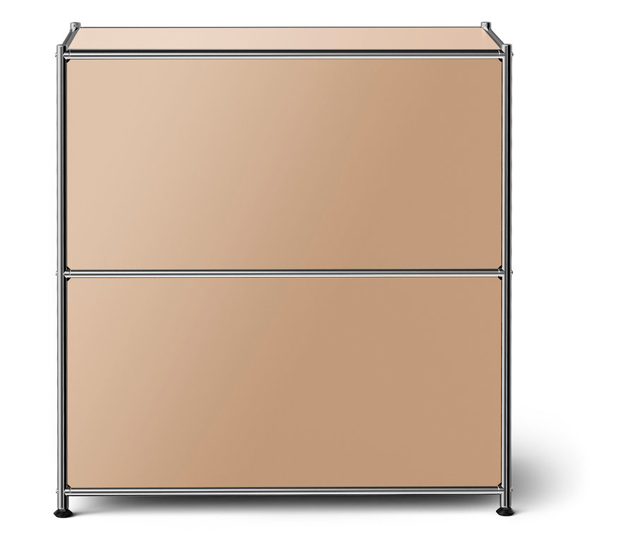 Dvoudílná skříňka s béžovými zásuvkami a stříbrným rámem.