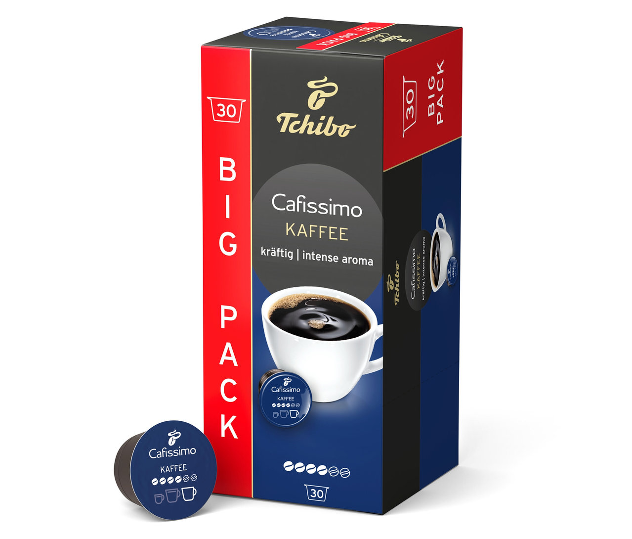 Balení Cafissimo výrazná káva – 30 kapslí vedle jedné kapsle.
