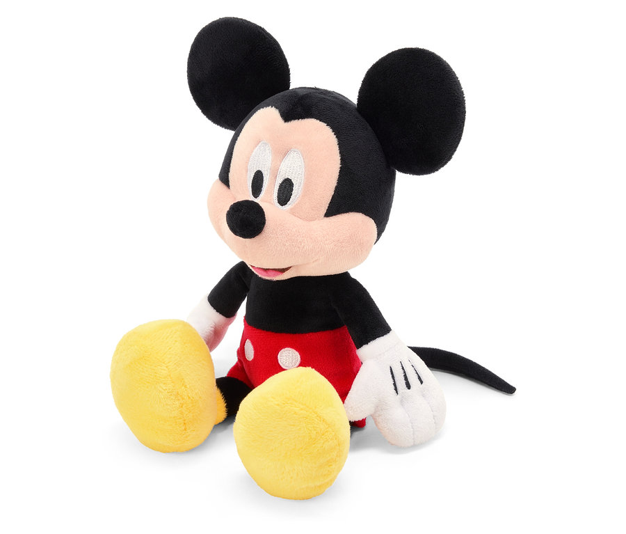 Plyšová hračka Mickey Mouse sedí na bílém pozadí.