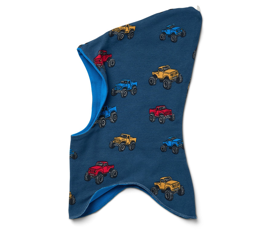 Modrá kukla s potiskem barevných monster trucků.