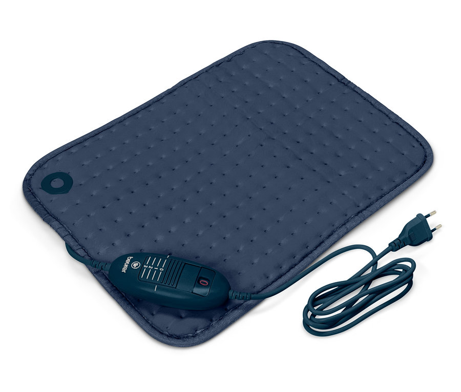 Modrá vyhřívací podložka s ovladačem a kabelem na bílém pozadí.