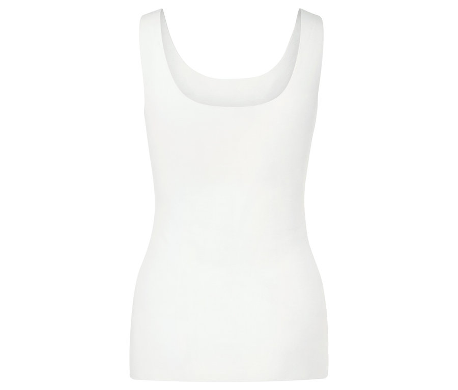 Bílý dámský top bez rukávů s hranatým výstřihem.