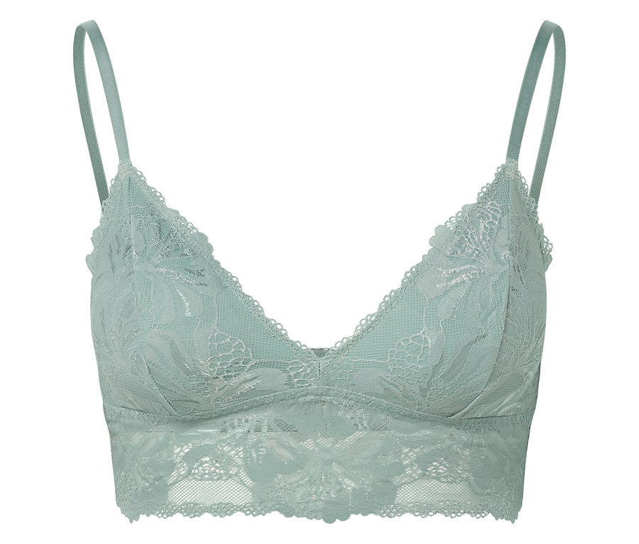 Světle modrá krajková podprsenka se špagetovými ramínky.