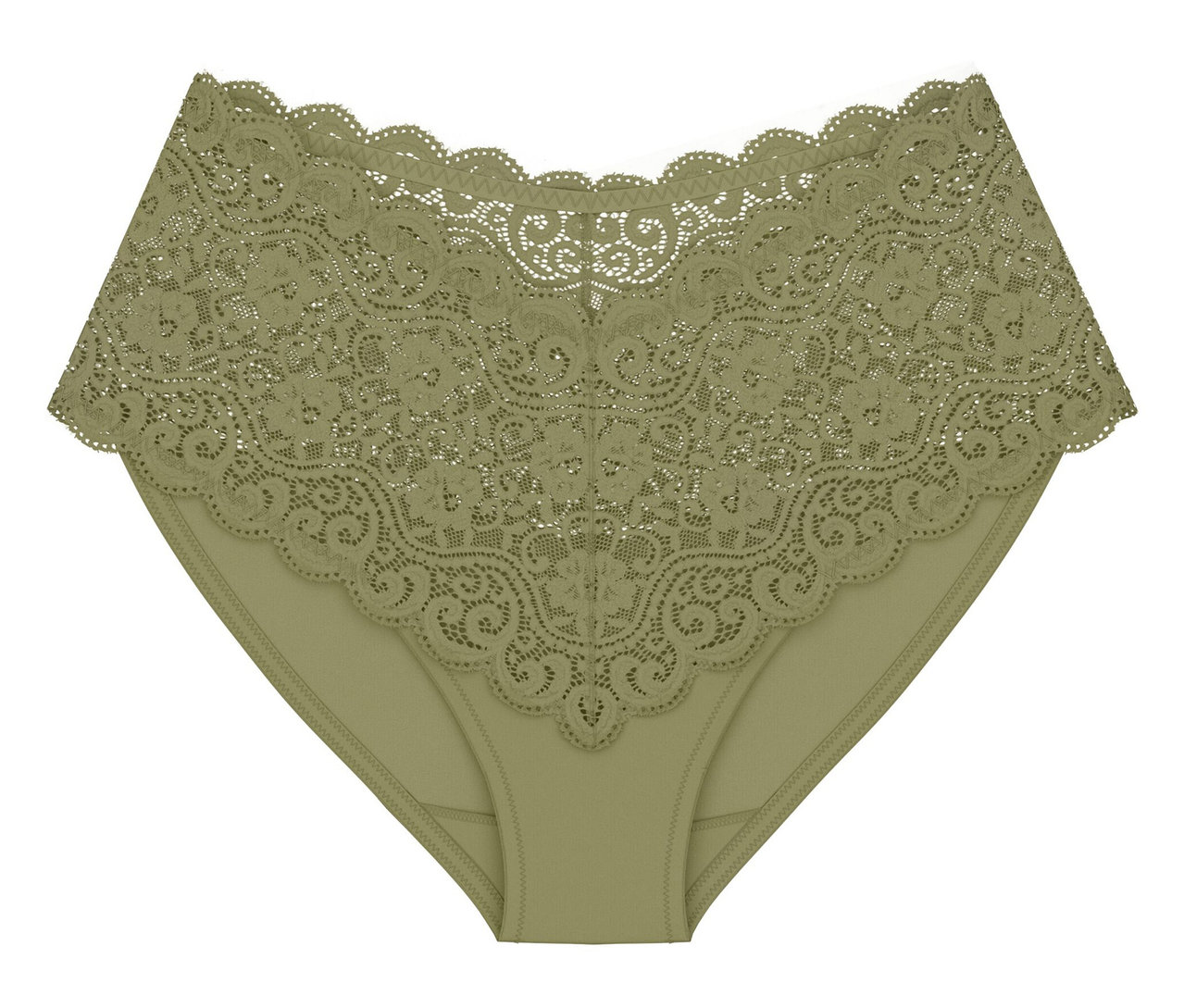 Kalhotky Triumph Amourette Maxi v olivově zlaté barvě s širokým krajkovým lemem.