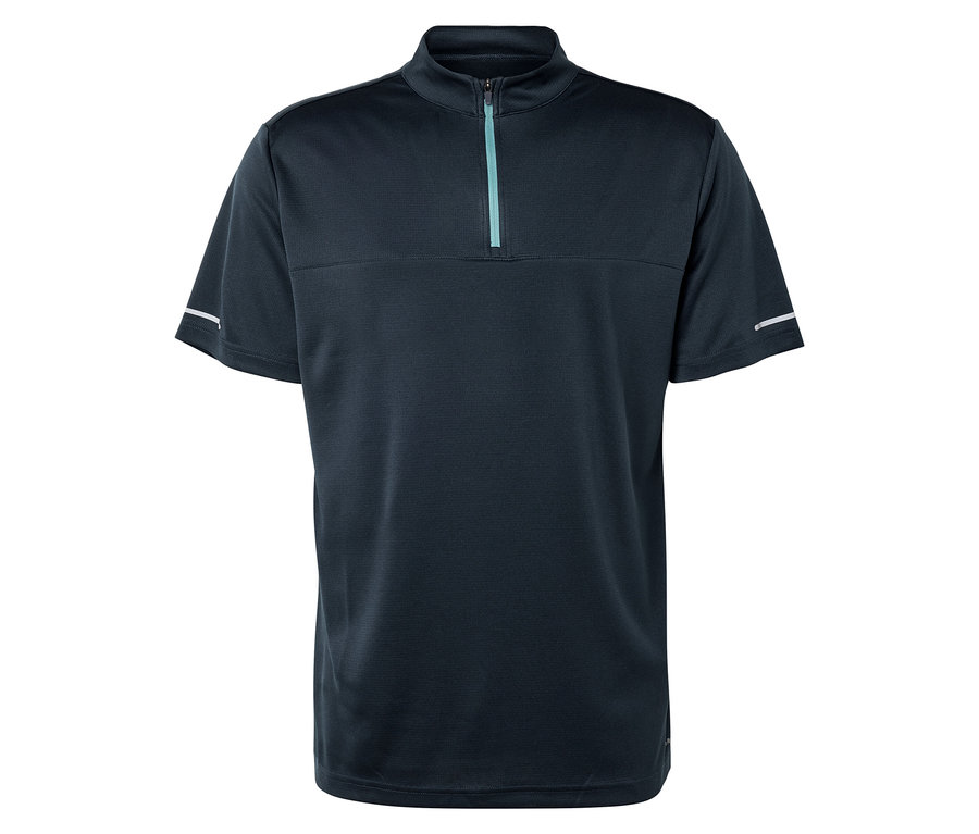 Detailní záběr na tmavě modrý cyklistický trikot s krátkým zipem a reflexními pruhy na rukávech.