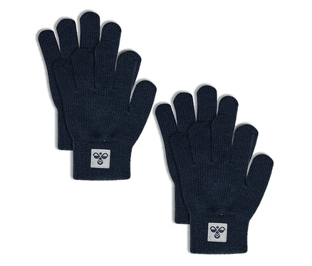 Dva páry modrých pletených rukavic hummel® HMLJR Knit Gloves 2P s nášivkou loga na manžetách.