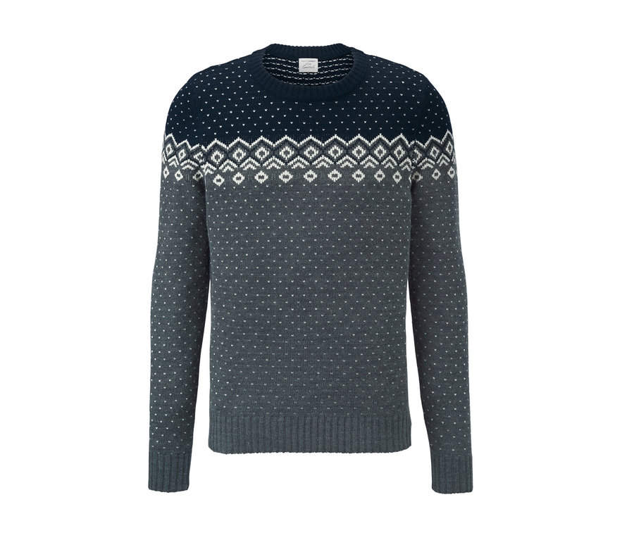 Modrošedý svetr s kulatým výstřihem a norským vzorem.