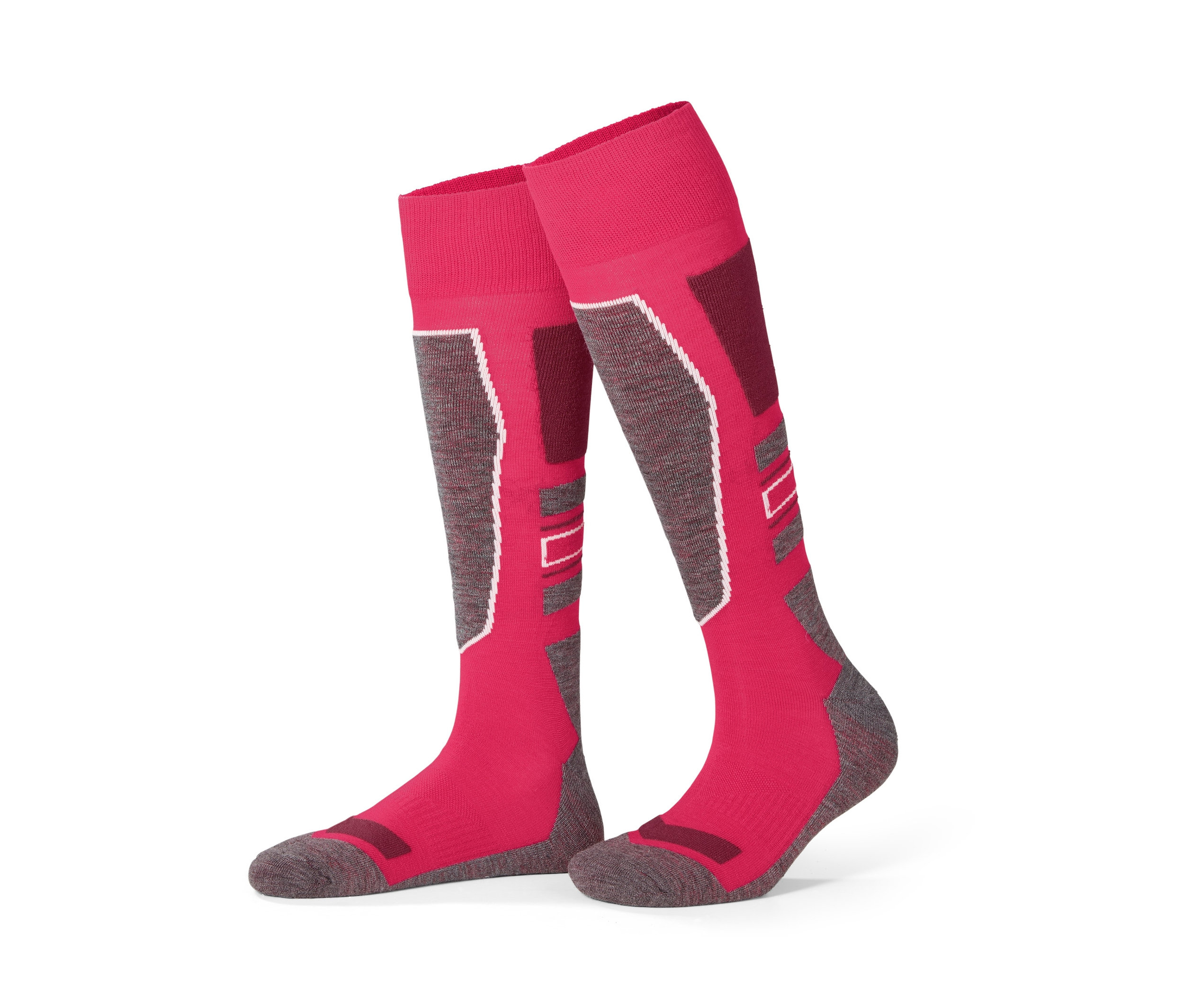 Dvě lyžařské termoponožky s vlnou růžové barvy s šedými a vínovými detaily.