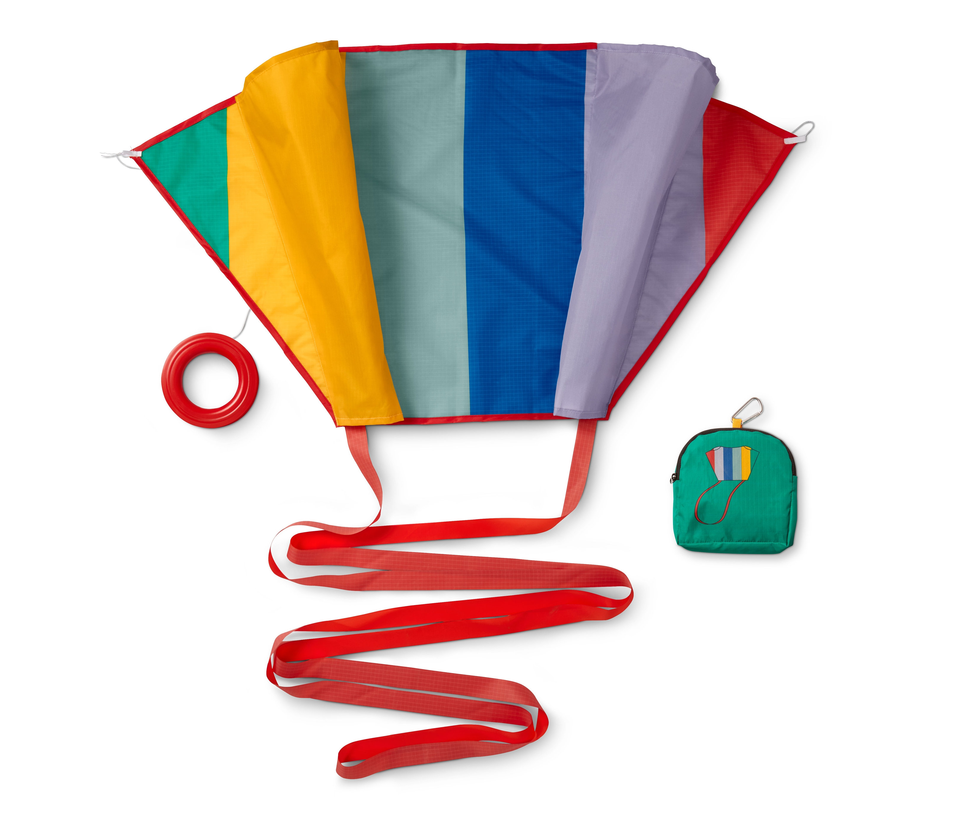 Rozložený kapesní drak s barevnými pruhy, červenou šňůrou a zeleným pouzdrem.