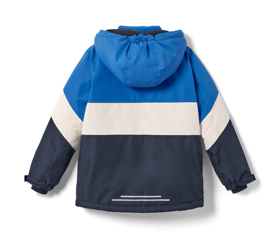 Zadní pohled na lyžařskou bundu s kapucí v modré, béžové a tmavě modré barvě.