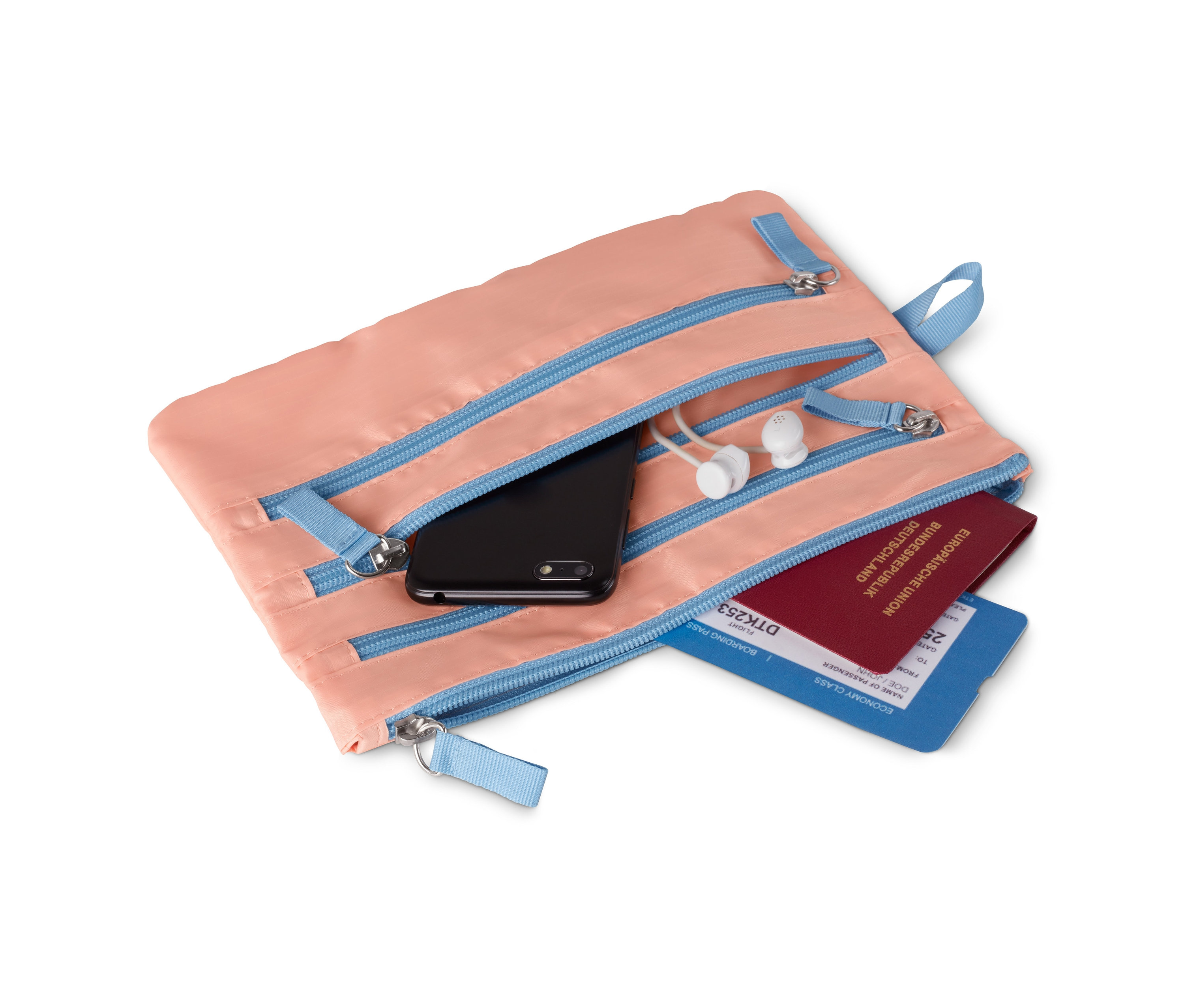 Telefon, sluchátka, pas a letenka jsou v organizéru do kabelky.