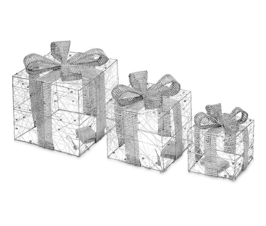 Tři LED dárky s mašlí různých velikostí.