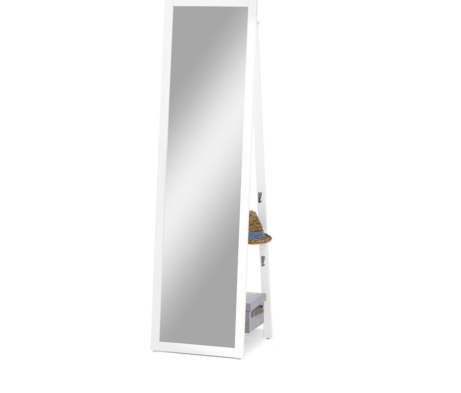 Stojací zrcadlo se závěsnou funkcí. Na něm visí klobouk a pod ním je úložný box.