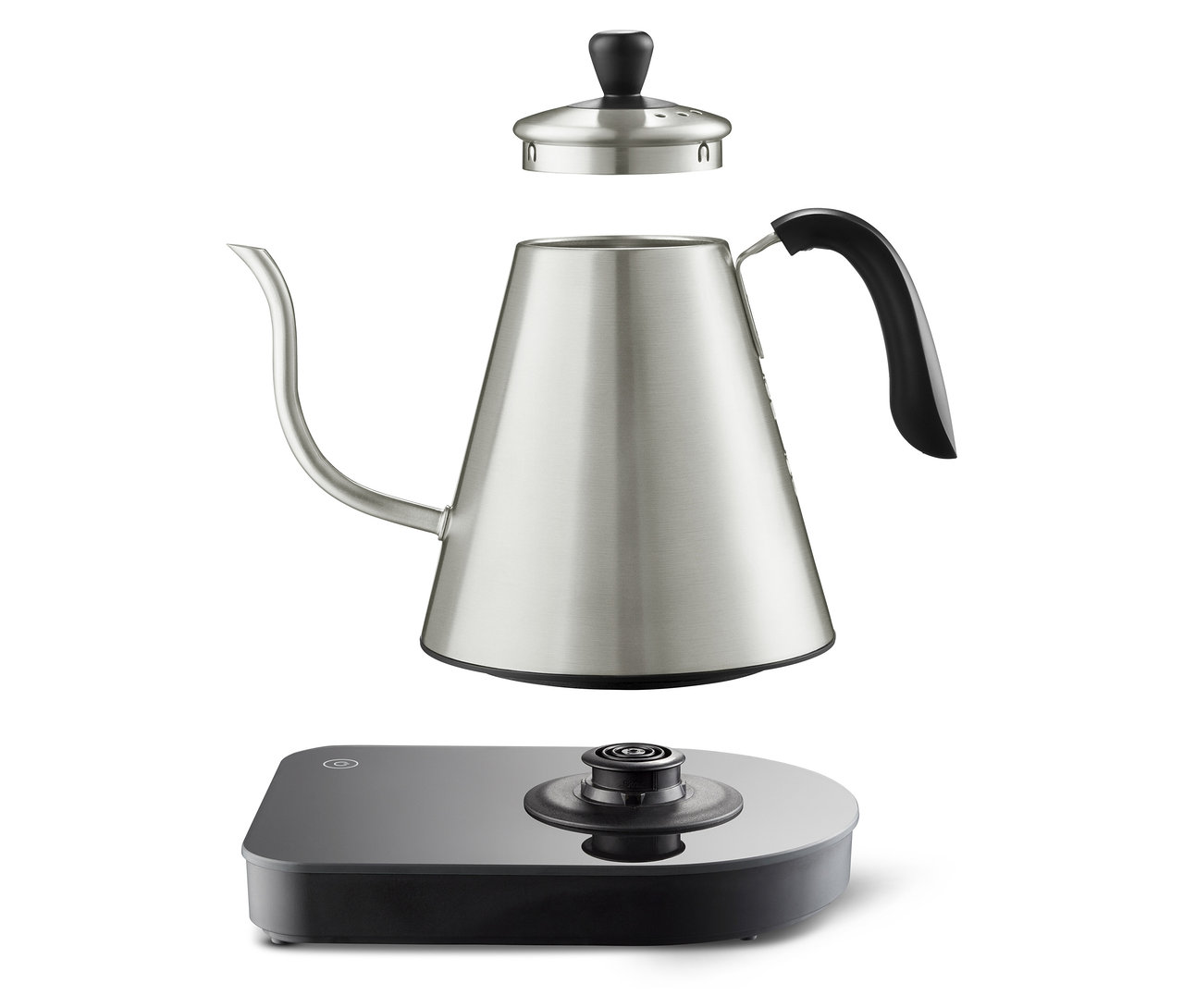 Nerezová rychlovarná konvice s hubicí ve tvaru labutího krku, víko a základna oddělené.