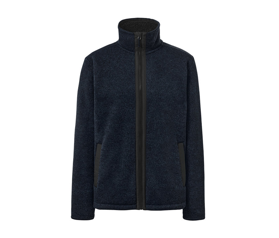 Tmavě modrá bunda z pleteného fleecu se zipem uprostřed.
